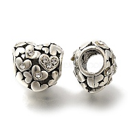 Rack Plating Alloy European Beads, with Rhinestone, Lead Free & Cadmium Free, Large Hole Beads, Heart, Antique Silver, 11.5x12x10mm, Hole: 5mm(FIND-H005-10AS)