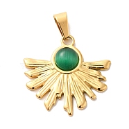 Resin Imitation Cat Eye Pendants, Ion Plating(IP) Golden Plated 304 Stainless Steel Fan Charms, Green, 25x26x4mm, Hole: 7.5x3.5mm(STAS-P340-03G-02)