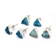Natural Druzy Quartz Crystal Stud Earring, with Brass Findings, Triangle, Silver Color Plated, Deep Sky Blue, 10x11x4~7mm, Pin: 0.7mm(EJEW-F173-E02-S)