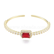 Cubic Zirconia Rectangle Open Cuff Bangle, Real 18K Gold Plated Brass Jewelry for Women, Red, Inner Diameter: 1-3/4x2-1/4 inch(4.6x5.6cm)(BJEW-G651-05G-05)