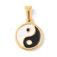 304 Stainless Steel Pendants, with Enamel, Flat Round with Yin-yang Charm, Golden, 18.5x15.5x2.5mm, Hole: 3.5x6.5mm(STAS-S001-01G-B)