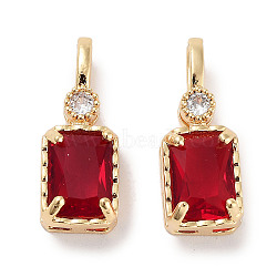 Brass Micro Pave Cubic Zirconia Pendants, Rectangle, Real 18K Gold Plated, Red, 16~16.5x6x4.5mm, Hole: 2x3.5mm(KK-C051-54G-04)