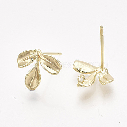 Brass Stud Earring Findings, with Loop, Real 18K Gold Plated, Nickel Free, Leaf, 10x12mm, Hole: 1mm, Pin: 0.8mm(X-KK-T038-581G-NF)