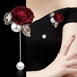 Alloy Brooch, with Imitation Pearl and Cloth Finding, Dark Red, 95x40mm(PW-WG62109-01)