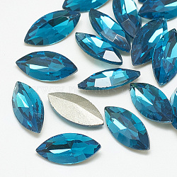 Pointed Back Glass Rhinestone Cabochons, Back Plated, Faceted, Horse Eye, Capri Blue, 18x9x5mm(RGLA-T083-9x18mm-14)