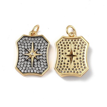 Brass Micro Pave Clear Cubic Zirconia Pendants, with Jump Ring, Rectangle with Star Charm, Real 18K Gold Plated, 19x13.5x3.3mm, Hole: 3.4mm
