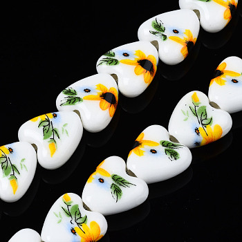 Handmade Porcelain Ceramic Beads Strands, Flower Printed, Heart, Gold, 15x15x7mm, Hole: 3mm, about 23pcs/strand, 12.8 inches(32.5cm)