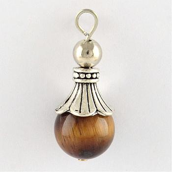 Natural Tiger Eye Pendants, with Alloy Findings, Antique Silver, Snowcone, 29.5x12.5mm, Hole: 2.5mm