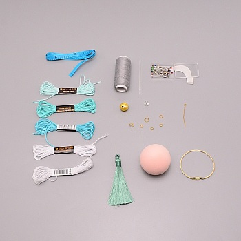 DIY Hand JuQiu Punch Needle Making Kits, Including Foam Balls, Needles, Cotton Thread, Bells, Tassels and Iron Rings, Medium Sea Green, 45mm