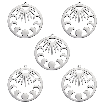 5Pcs 201 Stainless Steel Pendants, Laser Cut, Moon Phase Charms, Stainless Steel Color, 30x28x1mm, Hole: 1.4mm