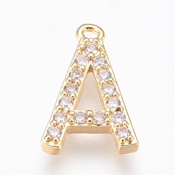 Brass Letter Pendants, with Cubic Zirconia, Lead Free & Cadmium Free & Nickel Free, Long-Lasting Plated, Golden, Letter.A, 15x9.5x2mm, Hole: 1.2mm