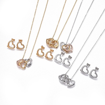 304 Stainless Steel Jewelry Sets, Pendant Necklaces and Stud Earrings, Heart, Mixed Color, 17.9 inch(45.5cm), 1mm, 14x14x2mm, Pin: 0.9mm