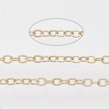 Brass Coated Iron Cable Chains, Soldered, with Spool, Flat Oval, Light Gold, 2.2x1.7x0.3mm, about 39.37 Feet(12m)/roll