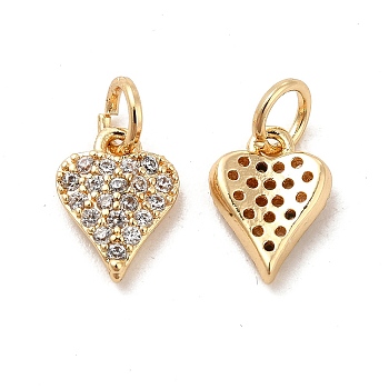 Rack Plating Brass Micro Pave Clear Cubic Zirconia Pendants, Long-Lasting Plated, Cadmium Free & Lead Free, with Jump Ring, Heart, Real 14K Gold Plated, 10.5x7.5x2mm, Hole: 3.5mm