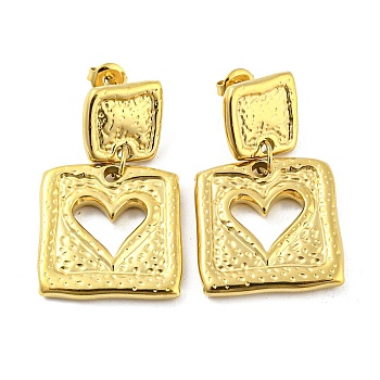 304 Stainless Steel Dangle Stud Earrings, Square with Heart, Real 14K Gold Plated, 39x23.5mm