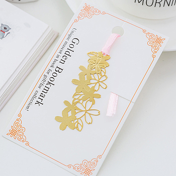 Metal Sakura Bookmarks with Pink Ribbon, Golden Brass Hollow Bookmark Gift for Book Lovers, Teachers, Reader, Flower, 110x60mm