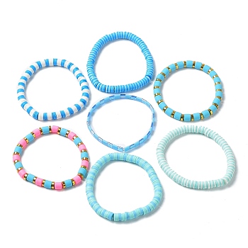 7Pcs 7 Style Polymer Clay Heishi Surfer Stretch Bracelets Set, Glass Seed Bracelets, Preppy Jewelry for Women, Dodger Blue, Inner Diameter: 2-1/8 inch(5.5cm), 1Pc/style