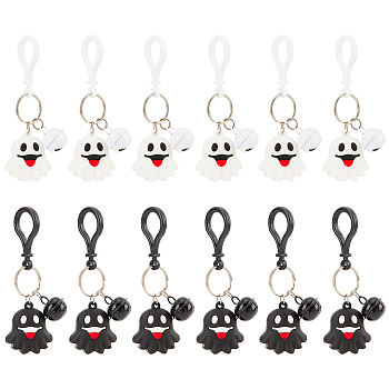 12Pcs 2 Colors Halloween Theme Cute Cartoon PVC Ghost Pendant Keychain with Bell Charm, with Iron Findings, Mixed Color, 11.6cm, 6pcs/color