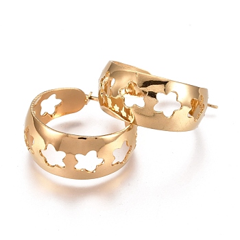 201 Stainless Steel Thick Hoop Earrings, with 304 Stainless Steel Pins, Hollow Flower, Golden, 30x27x12mm, Pin: 1.5mm