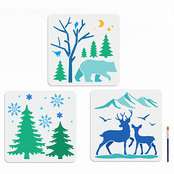 US 1 Set Winter PET Hollow Out Drawing Painting Stencils, for DIY Scrapbook, Photo Album, with 1Pc Art Paint Brushes, 300x300mm, 3pcs/style