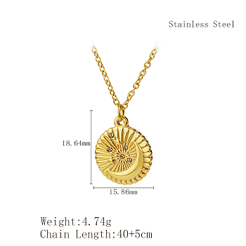 Stylish Stainless Steel Sunbeam Pendant Necklace for Women's Daily Wear, Real 18K Gold Plated, Flat Round, 15.75 inch(40cm)