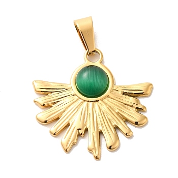 Resin Imitation Cat Eye Pendants, Ion Plating(IP) Golden Plated 304 Stainless Steel Fan Charms, Green, 25x26x4mm, Hole: 7.5x3.5mm
