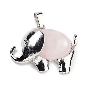Natural Rose Quartz Pendants, Elephant Charms with Alloy Findings, Platinum, 29x37~37.5x9.5~10mm, Hole: 3x9mm