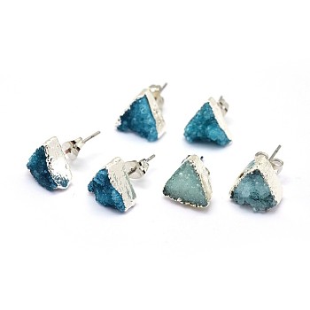 Natural Druzy Quartz Crystal Stud Earring, with Brass Findings, Triangle, Silver Color Plated, Deep Sky Blue, 10x11x4~7mm, Pin: 0.7mm