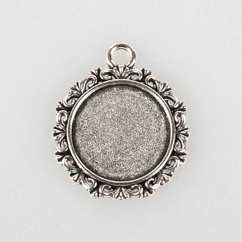 Tibetan Style Alloy Pendant Cabochon Settings, Cadmium Free & Lead Free, Flat Round, Antique Silver, Tray: 18mm, 30x25x2mm, Hole: 3mm