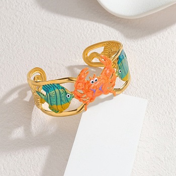 Ocaen Theme 304 Stainless Steel Enamel Cuff Bangles for Women, Ion Plating(IP), Crab, Inner Diameter: 2.60x1.99 inch(6.6x5.05cm)
