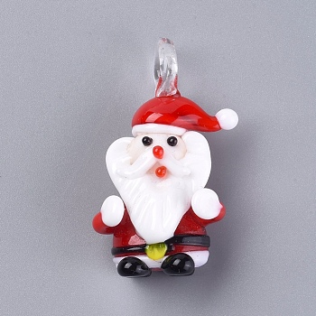 Christmas Handmade Lampwork Pendants, Santa Claus, Red, 44~46x27~29x16mm, Hole: 7mm