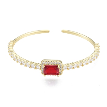 Cubic Zirconia Rectangle Open Cuff Bangle, Real 18K Gold Plated Brass Jewelry for Women, Red, Inner Diameter: 1-3/4x2-1/4 inch(4.6x5.6cm)