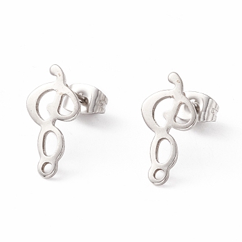 201 Stainless Steel Stud Earring Findings, with 304 Stainless Steel Pins, Horizontal Loops and Ear Nuts, Musical Note, Stainless Steel Color, 16x8mm, Hole: 1.4mm, Pin: 0.8mm