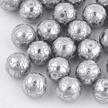 Electroplate Glass Beads, Round with Pattern, Silver, 8~8.5mm, Hole: 1.5mm
