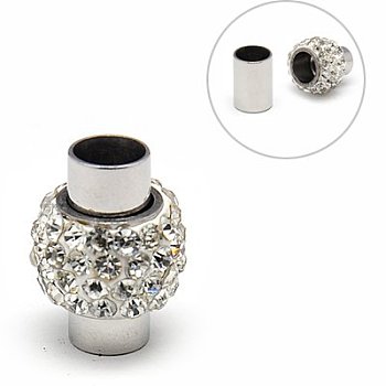 304 Stainless Steel Magnetic Clasps with Glue-in Ends, with Polymer Clay Rhinestone Beads, Oval, Stainless Steel Color, 17x11~12mm, Hole: 6mm