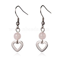 Heart Natural Rose Quartz Dangle Earrings, with 304 Stainless Steel Earring Hooks, 41mm, Pin: 0.6mm(EJEW-JE01884-01)