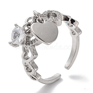 Brass Micro Pave Cubic Zirconia Cuff Rings, Long-Lasting Plated, Heart, Platinum, US Size 6 3/4(17.1mm)(RJEW-G310-23P)