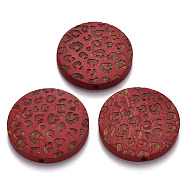 Painted Natural Wood Beads, Laser Engraved Pattern, Flat Round with Leopard Print, FireBrick, 30x5mm, Hole: 1.6mm(X-WOOD-N006-07I)
