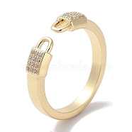 Brass Micro Pave Cubic Zirconia Cuff Rings, Long-Lasting Plated, Lock, Golden, US Size 5 1/2(16.1mm)(RJEW-G310-04G)