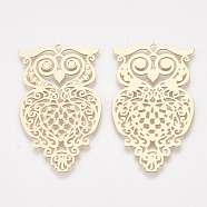 Brass Pendants, Etched Metal Embellishments, Owl, Light Gold, 39x22.5x0.3mm, Hole: 1.6mm(KKC-T001-16KC)