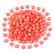 Opaque Acrylic Beads, Flat Round with White Heart & Flower & Moon & Star, Tomato, 7x4mm, Hole: 1.6mm, 200pcs/set(MACR-YW0001-18A)