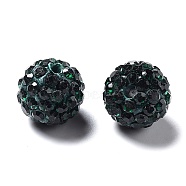 Pave Disco Ball Beads, Polymer Clay Rhinestone Beads, Round, Emerald, PP13(1.9~2mm), 6 Rows Rhinestone, 10mm, Hole: 1.5mm(RB-A130-10mm-19)