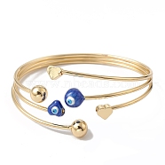 Brass Cuff Bangles, Enamel Evil Eye Bangles for Women, Real 18K Gold Plated, Blue, Inner Diameter: 2-1/4 inch(5.7cm)(BJEW-A134-01G-05)