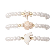3Pcs 3 Styles Summer Shell Pearl Braided Bead Bracelets, Beach Starfish & Turtle & Dolphin Synthetic Turquoise Stackable Adjustable Bracelets for Women Men, Mixed Shapes, Inner Diameter: 2-5/8~3-3/4 inch(6.6~9.5cm), Bead: 6mm, 1pc/style(BJEW-JB10323)