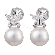 Natural Pearl Ear Studs, with Sterling Silver Micro Pave Cubic Zirconia Findings, Butterfly & Round, Platinum, 15x8mm(EJEW-P286-17P)