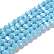 Electroplate Opaque Glass Beads Strands, Faceted(32 Facets), Pearl Luster Plated, Round, Light Sky Blue, 8mm, Hole: 1mm, about 66~69pcs/strand, 19.29~19.57 inch(49~49.7cm)(EGLA-A035-P8mm-A08)