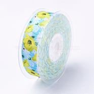 Polyester Grosgrain Ribbon, Flower Pattern, Yellow, 1 inches(25mm), about 100yards/roll(91.44m/roll)(SRIB-F005-25mm-02)