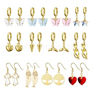 Brass Dangle Earrings & Huggie Hoop Earrings Sets, with Glass & Acrylic & Alloy Enamel & 304 Stainless Steel Pendants, Heart & Tree  of Life & Apple & Cat & Butterfly & Fishbone & Whale Tail Shape, Golden, 28~63mm, Pin: 0.6~1mm, 12pairs/set(EJEW-PH01362)