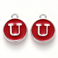 Platinum Plated Alloy Enamel Charms, Cadmium Free & Lead Free, Enamelled Sequins, Flat Round with Letter, Red, Letter.U, 14x12x2mm, Hole: 1.5mm(ENAM-S118-03U-P)