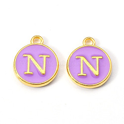 Golden Plated Alloy Enamel Charms, Enamelled Sequins, Flat Round with Letter, Medium Purple, Letter.N, 14x12x2mm, Hole: 1.5mm(X-ENAM-S118-10N)